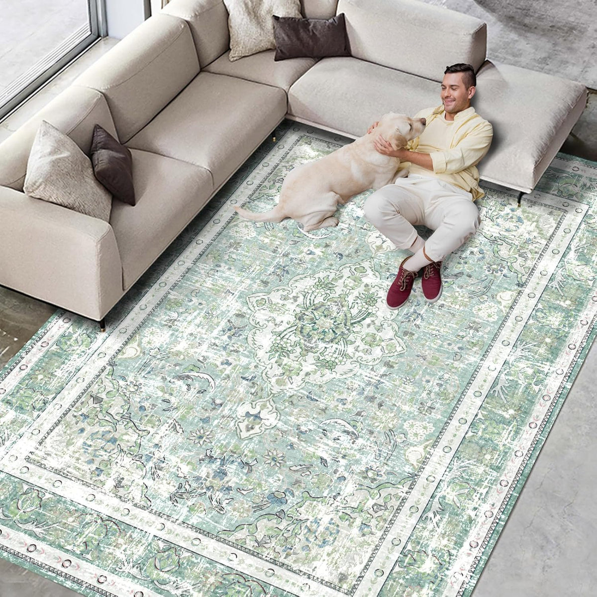 Sage Green 5×7 Washable Area Rug D37413