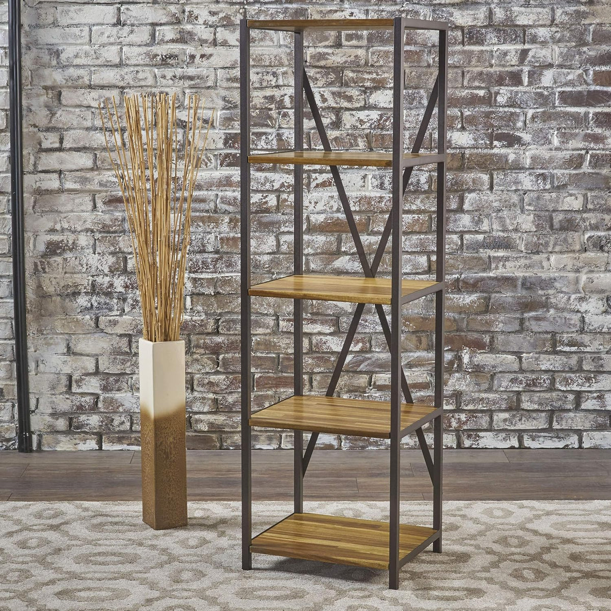 Natural Stained Acacia Wood Bookcase with Iron Accents I3064
