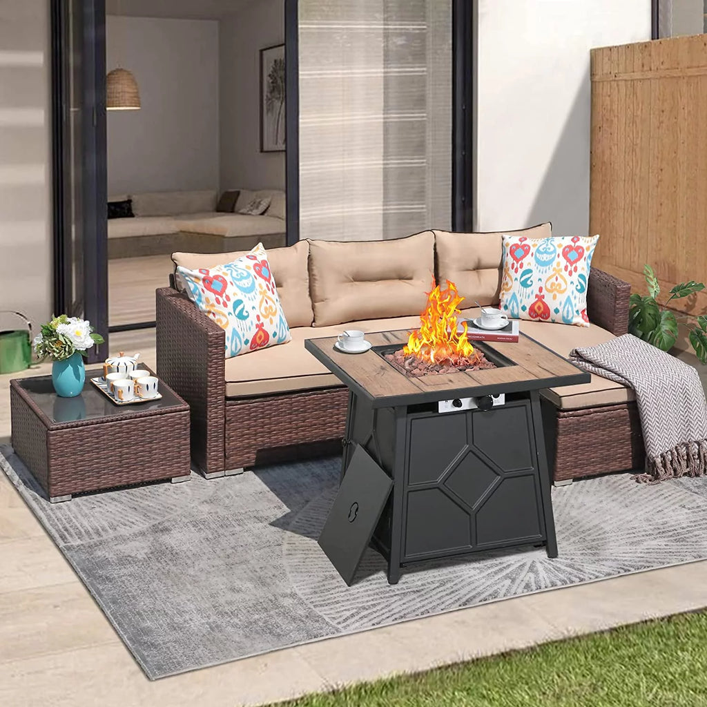 Beige 4 Piece Outdoor Wicker Sectional Sofa with Fire Pit Table V963302