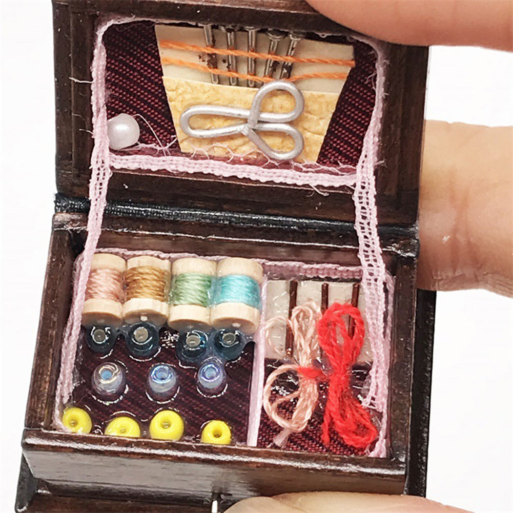 Miniature Chinese Wooden Sewing Kit Box Doll House Accessory U7016