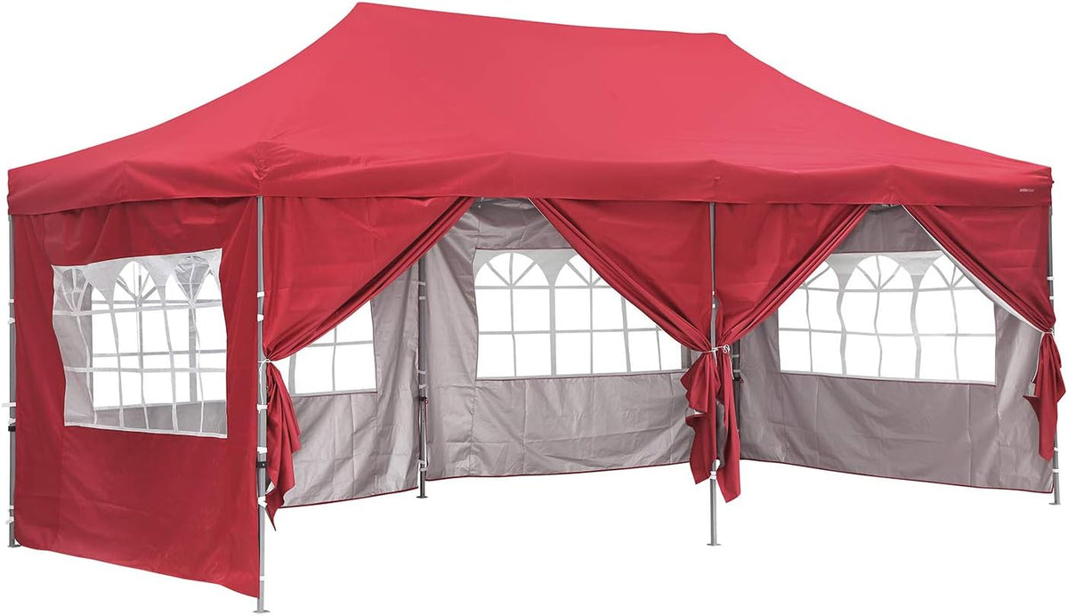 10x20 Ft Pop up Canopy Tent with Sidewalls and Windows Red Y9860