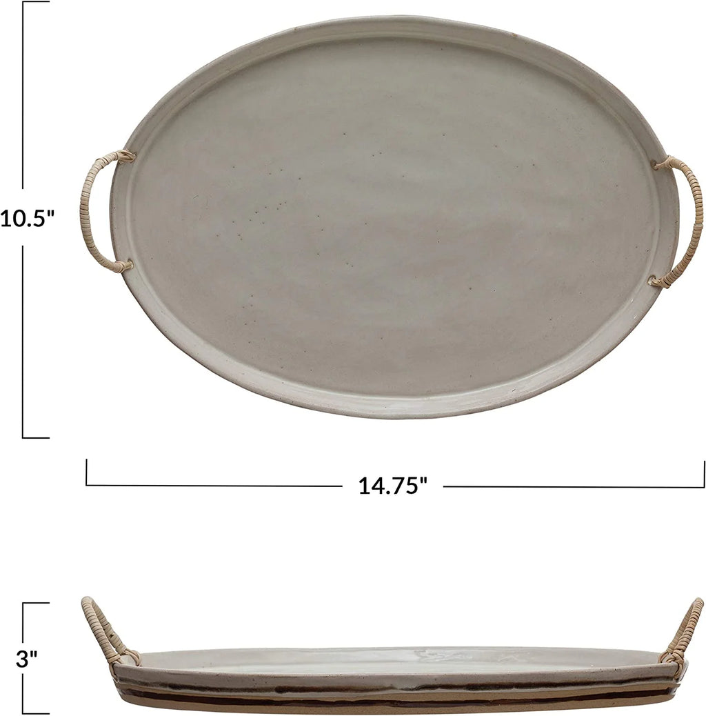 Stoneware Platter with Rattan Wrapped Handles, Reactive Glaze, White & Brown M2276