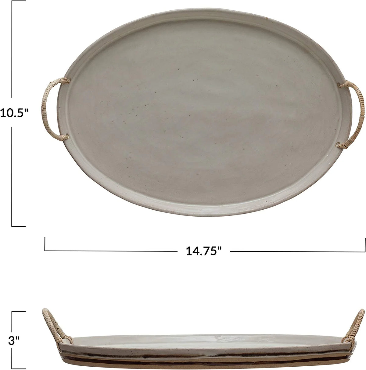 Stoneware Platter with Rattan Wrapped Handles, Reactive Glaze, White & Brown M2276