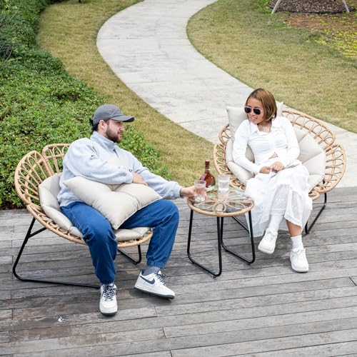 3 Pieces Wicker Patio Conversation Set with Tempered Glass Table F58807