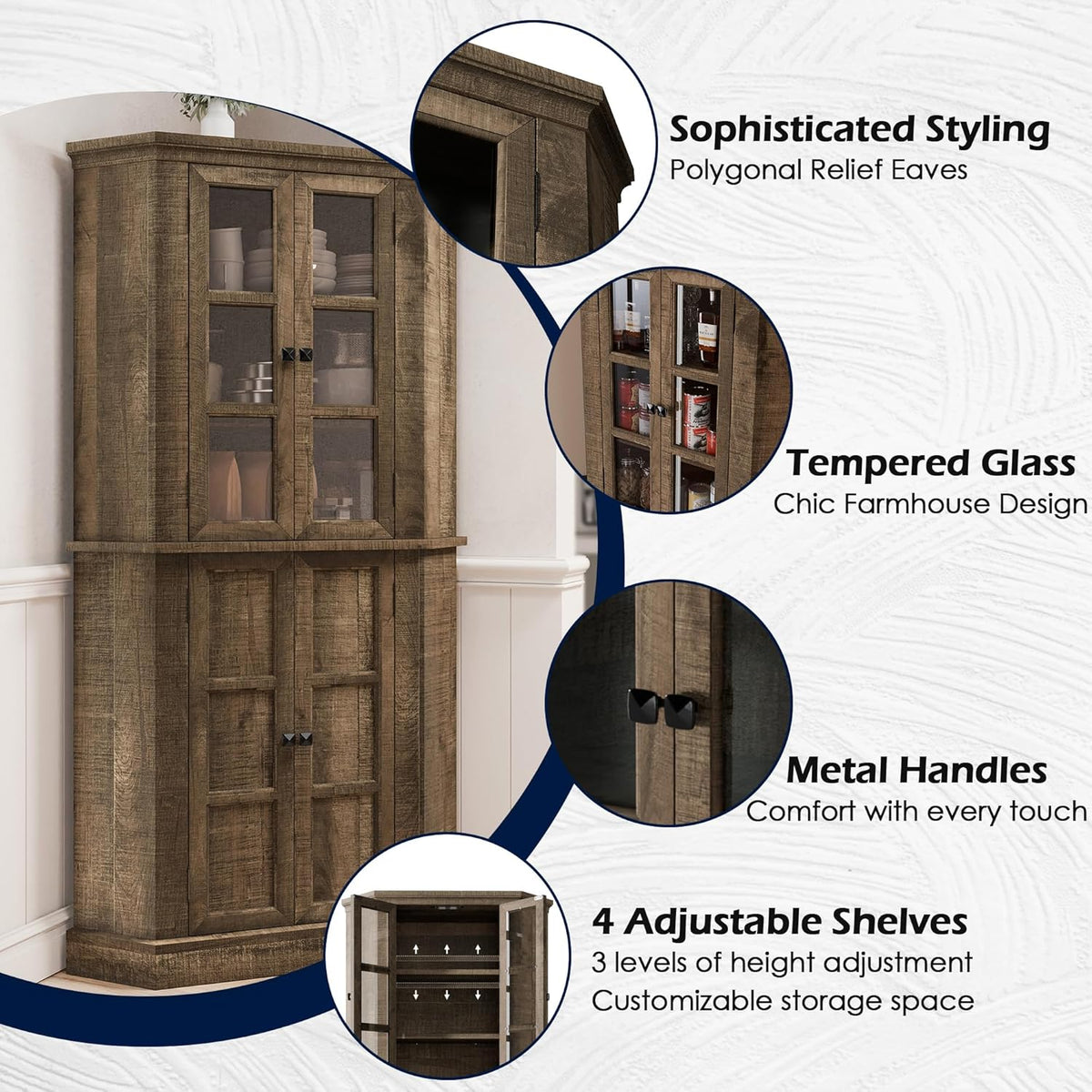 Rustic Brown Tall Corner Storage Cabinet with Glass Doors and Adjustable Shelves B99855