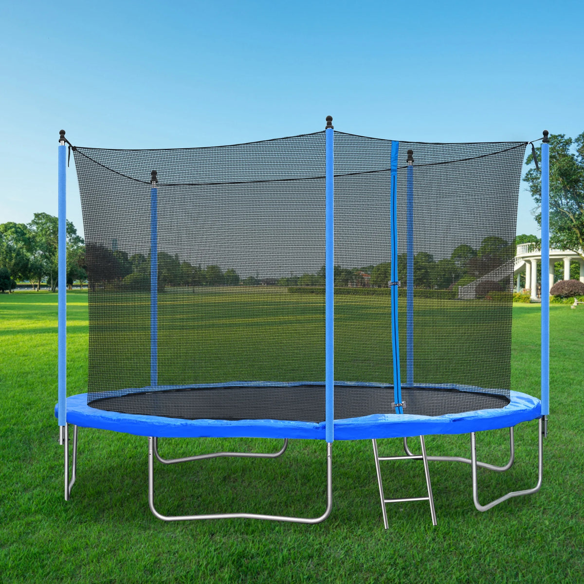 Blue 12FT Outdoor Round Trampoline with Enclosure Net and Ladder M971