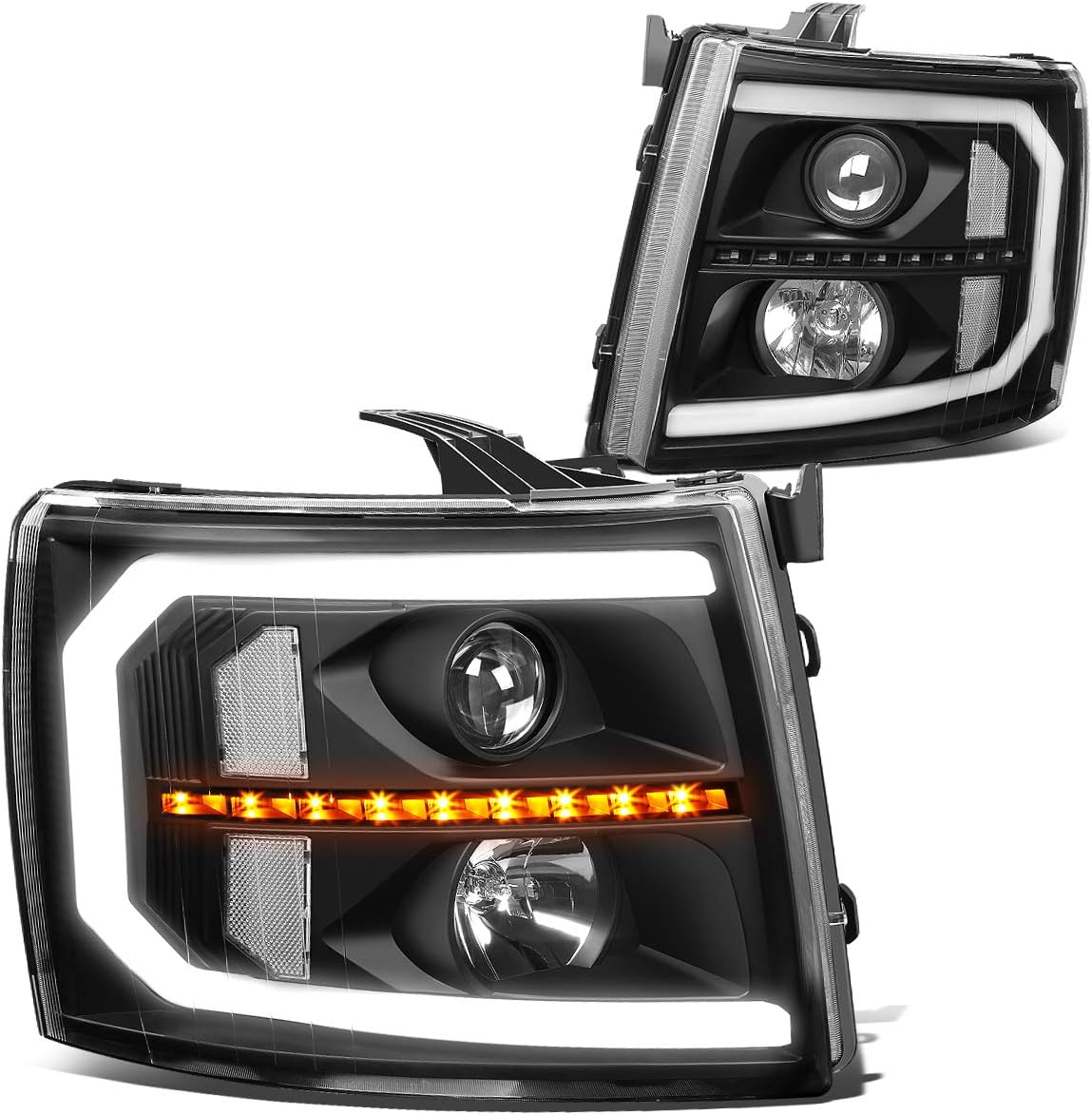 Dual LED DRL Strip Projector Headlights Assembly, Pair, Black Housing T946726