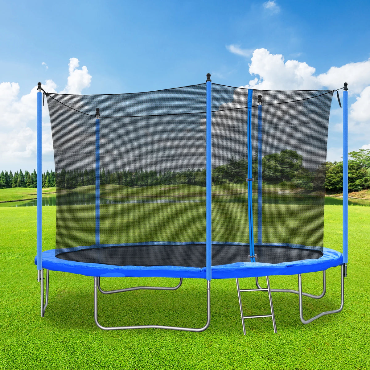 Blue 12FT Outdoor Round Trampoline with Enclosure Net and Ladder M971