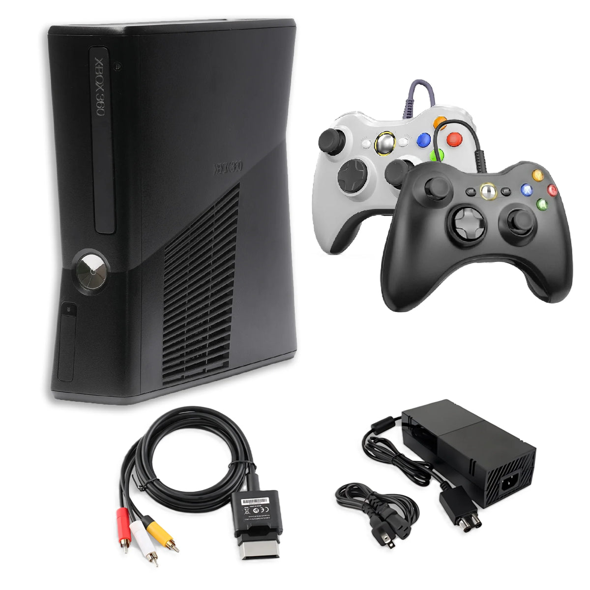 Black Xbox 360 S 4GB Game Console with 2 Black and White Game Controllers J920