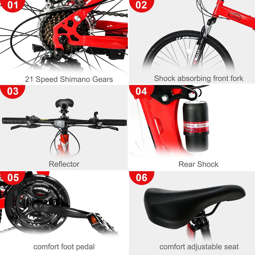 Folding Mountain Bike 21-Speed Red S826581
