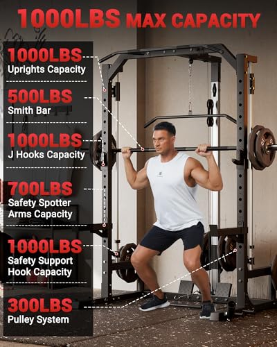 Smith Machine Home Gym with Barbell Bar, Cable System, Lat Pulldown Attachments, Safety Spotter Arms, J Hooks, Landmine, Multi-Functional Squat Rack D3973