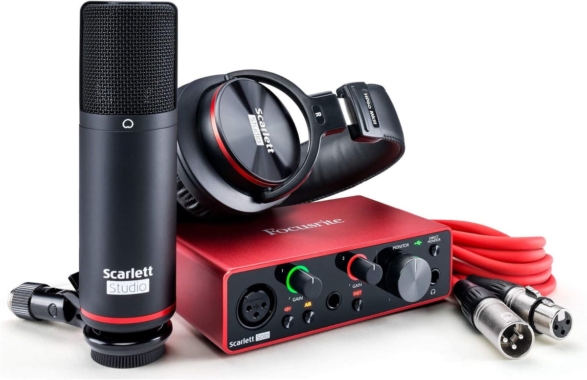 USB Audio Interface and Recording Bundle with Microphone, Headphones, XLR Cable, Stand, Shock Mount and Pop Filter (7 Items) S32224