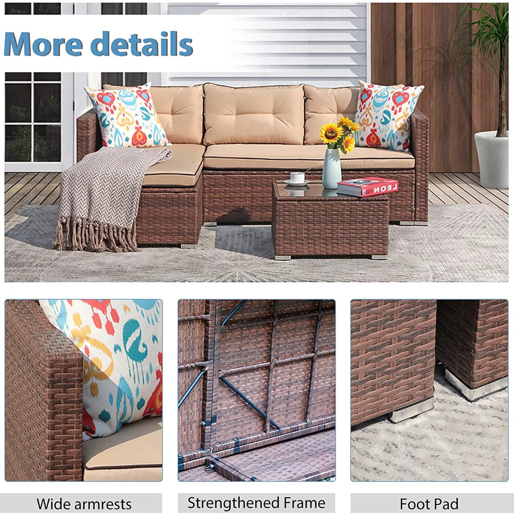 Beige 4 Piece Outdoor Wicker Sectional Sofa with Fire Pit Table V963302