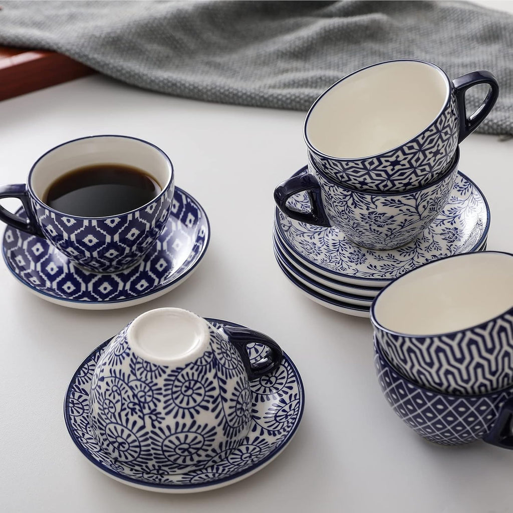 12 Piece Ceramic Dinnerware Set with 8 OZ Cappuccino Cup and Saucers, Vintage Blue B62325