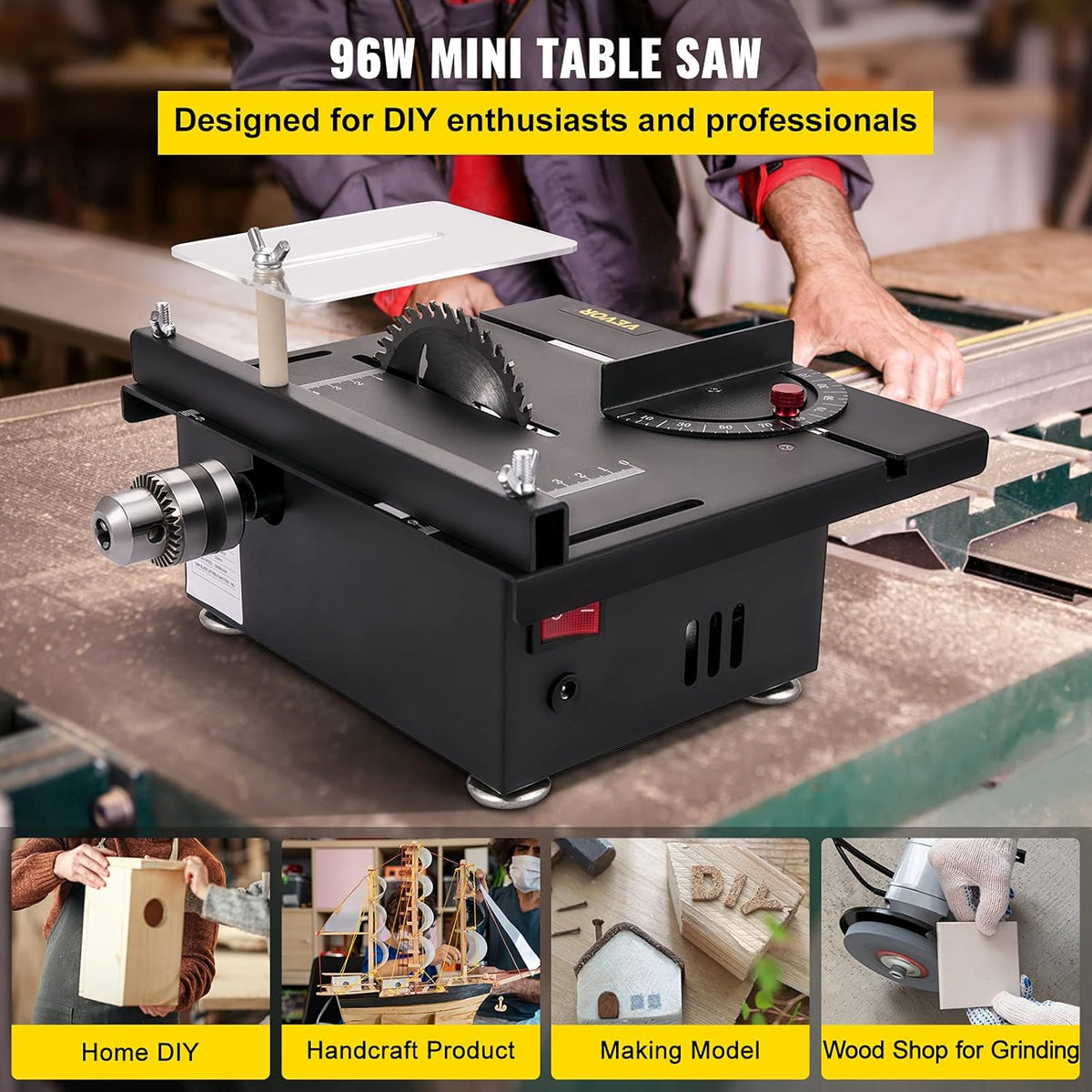 Mini Table Saw, 96W, 0-90 Angle Cutting, 7-Level Speed Adjustable, 1.3in Cutting Depth A534