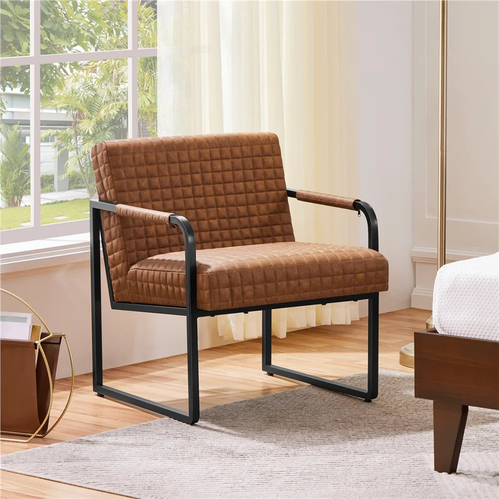 PU Leather Accent Chair with Large Seat Cushion, Retro Brown P678
