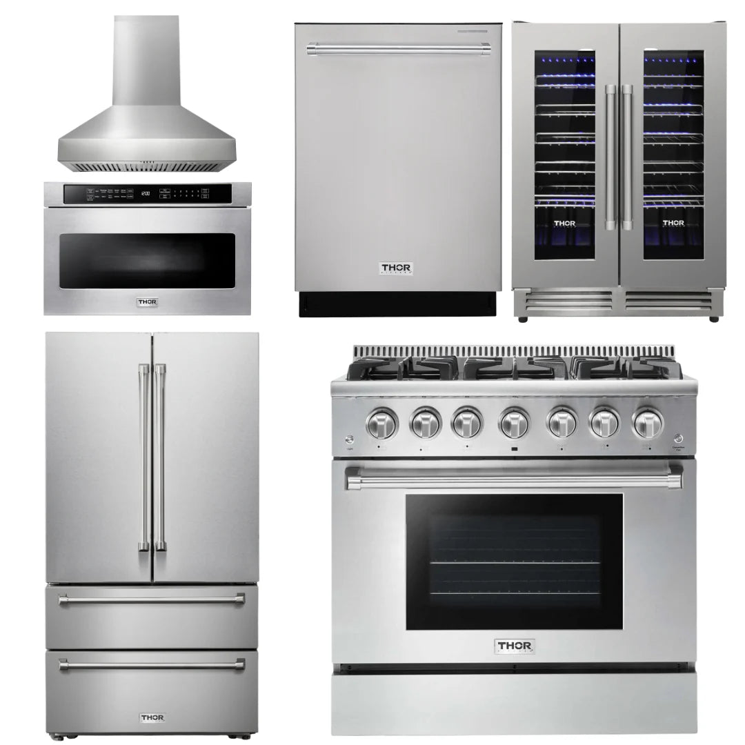 36 Propane Gas Range, Range Hood, Microwave, Refrigerator, Dishwasher, Wine Cooler R293