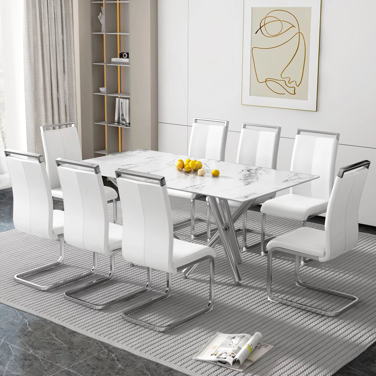 Rectangular Glass Dining Table for 6-8 People with Tempered Glass Top and Silver Metal Legs L837974