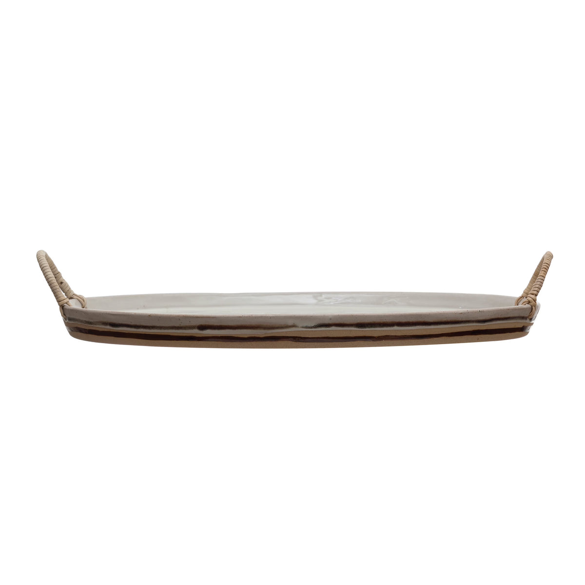Stoneware Platter with Rattan Wrapped Handles, Reactive Glaze, White & Brown M2276