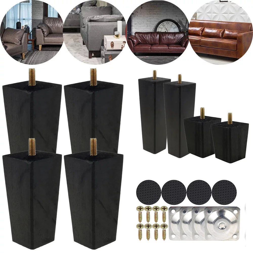 4X 2.4in Black Square Tapered Wooden Furniture Legs U9324