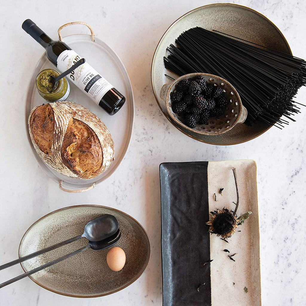 Stoneware Platter with Rattan Wrapped Handles, Reactive Glaze, White & Brown M2276