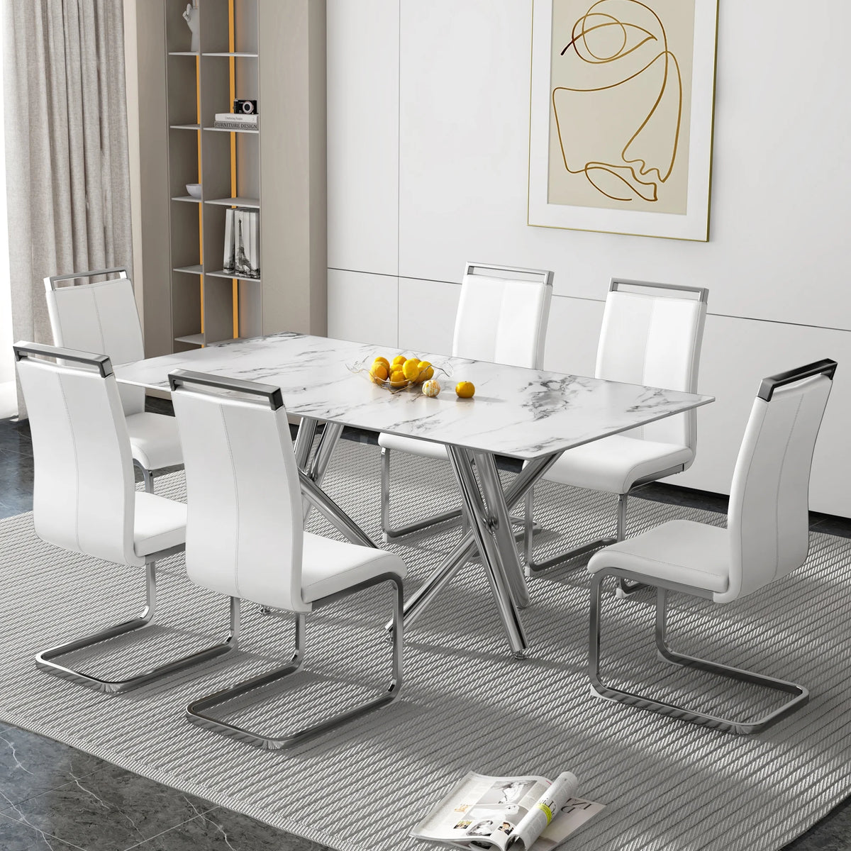 Rectangular Glass Dining Table for 6-8 People with Tempered Glass Top and Silver Metal Legs L837974
