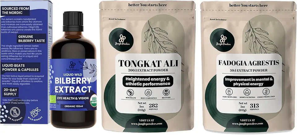 Organic Liquid Bilberry Extract 3.4 Ounce, Tongkat Ali Powder 5 Ounce, Fadogia Agrestis Extract S6781