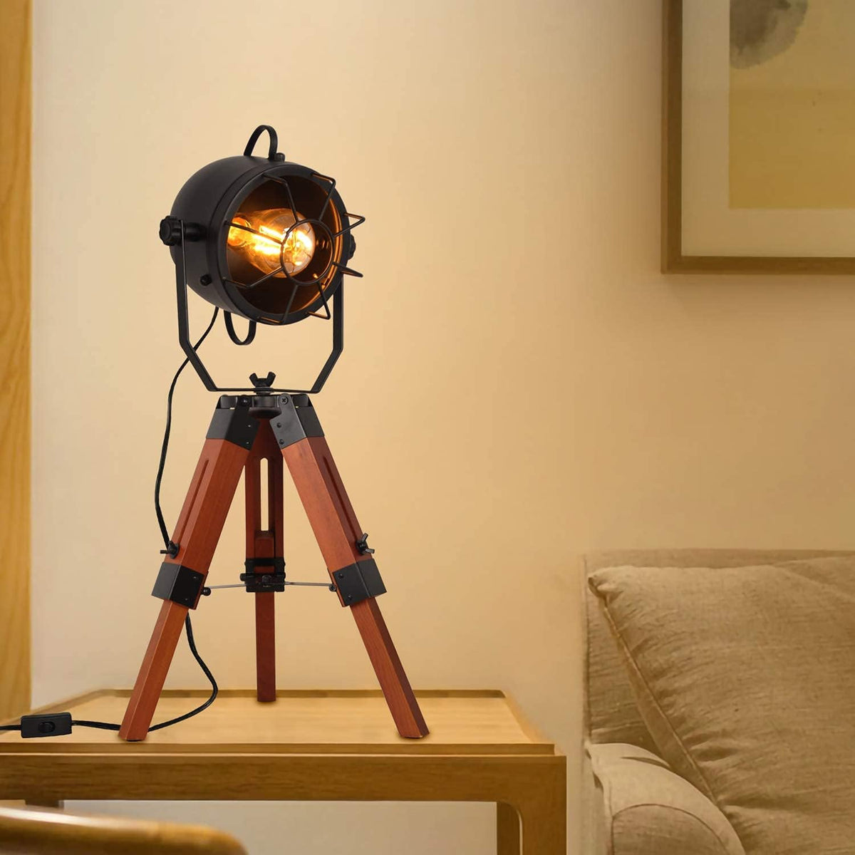 Vintage Adjustable Wood Tripod Floor Lamp with Black Cage Lampshade V197545