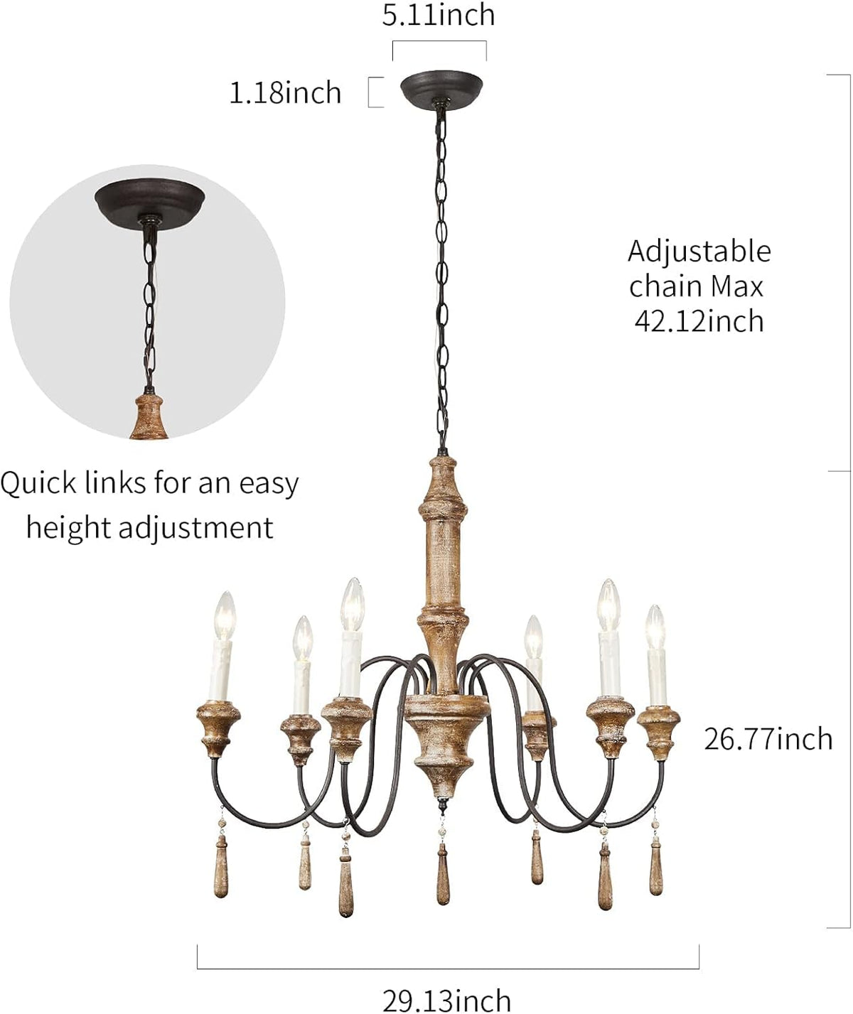 French Country 6-Lights Handmade White Distressed Wood Chandelier Q9017