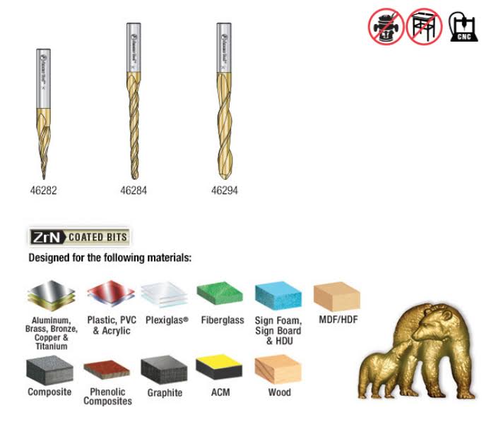 3-Pc ZrN Coated 1/4x22 Shank Router Bit J1188