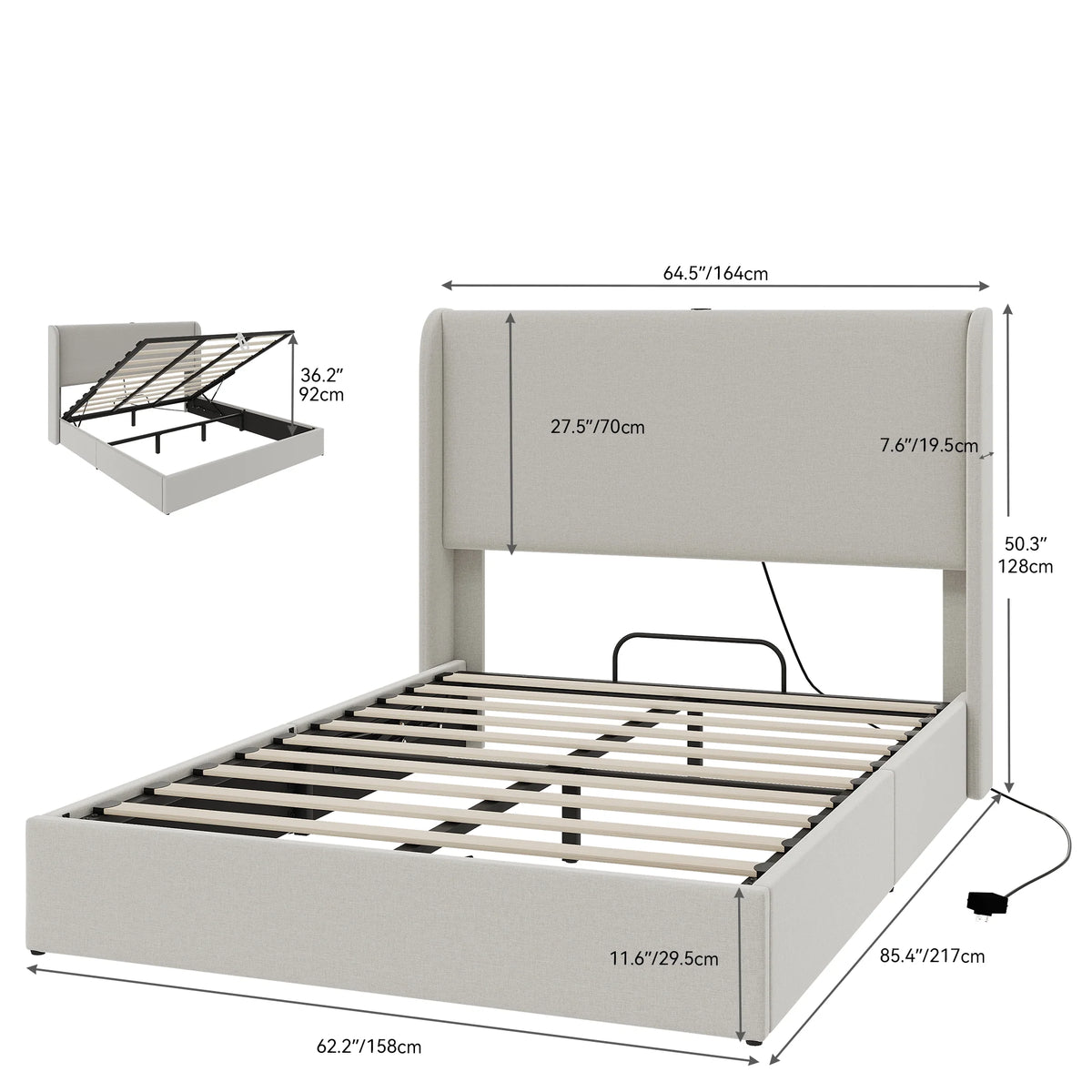 Queen Size Lift-Up Storage Bed with Charging Station and Wingback Headboard T785508