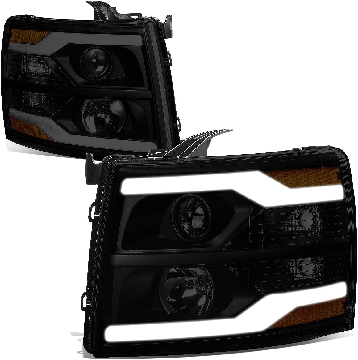 Dual LED DRL Strip Projector Headlights Assembly, Pair, Black Housing T946726