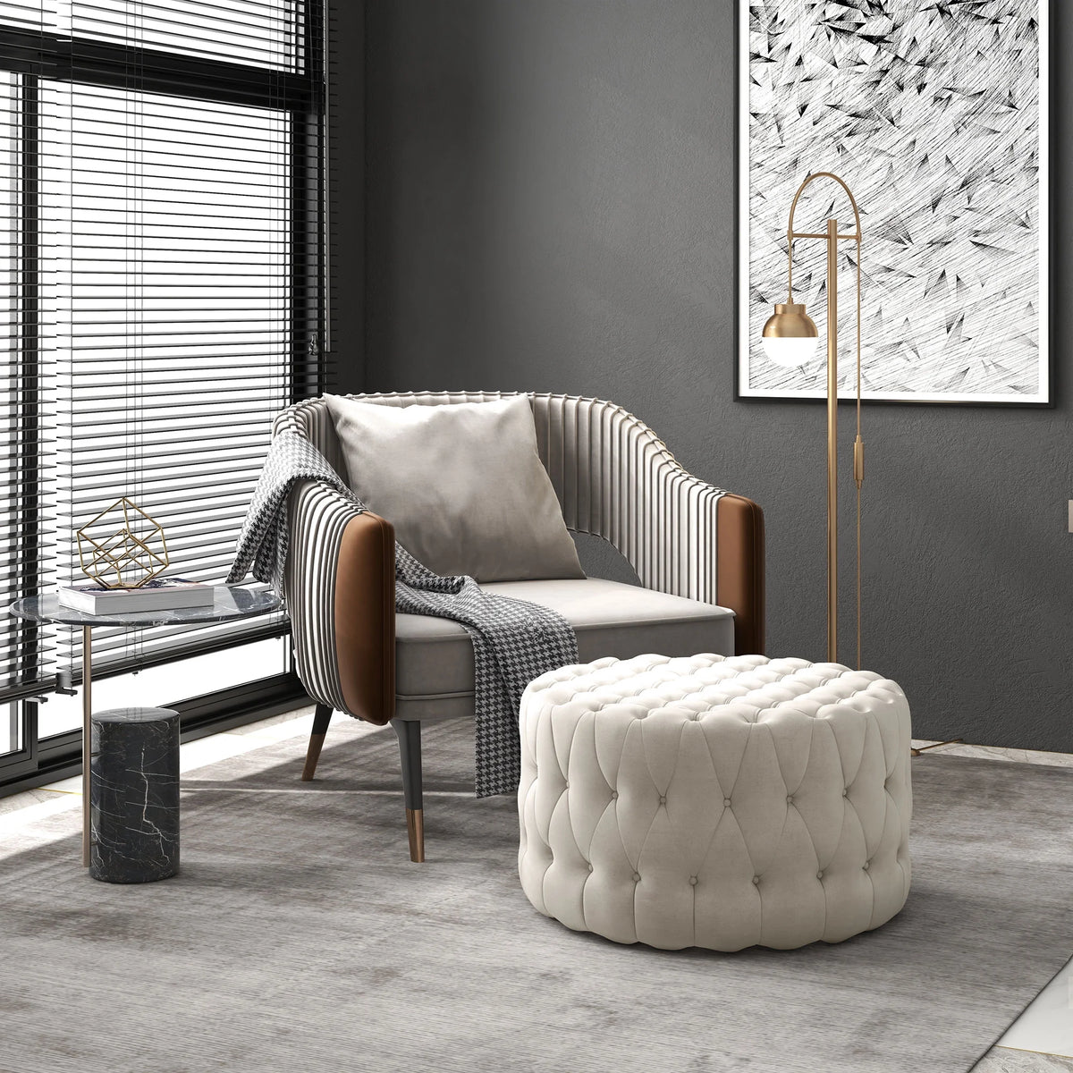 Beige Velvet-Feel Tufted Ottoman V7689
