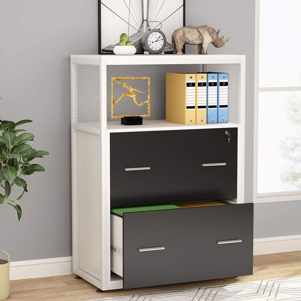 2 Drawer Lateral File Cabinet with Lock, Metal Wire Open Storage Shelves (Walnut) P63979