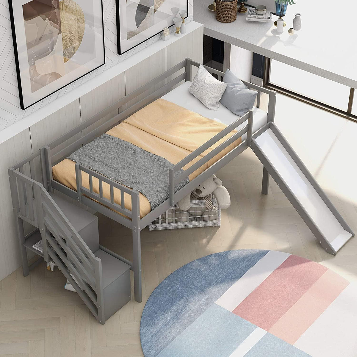 Twin Over Twin Low Bunk Bed with Slide and Ladder Grey E220426