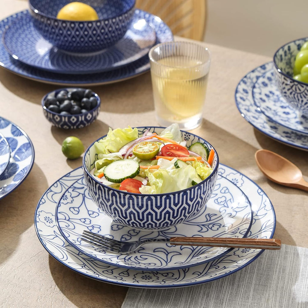 12 Piece Ceramic Dinnerware Set with 8 OZ Cappuccino Cup and Saucers, Vintage Blue B62325