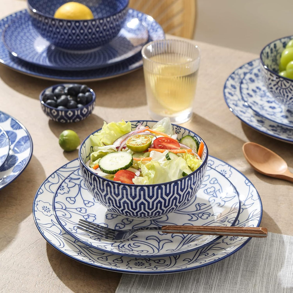 12 Piece Ceramic Dinnerware Set with 8 OZ Cappuccino Cup and Saucers, Vintage Blue B62325