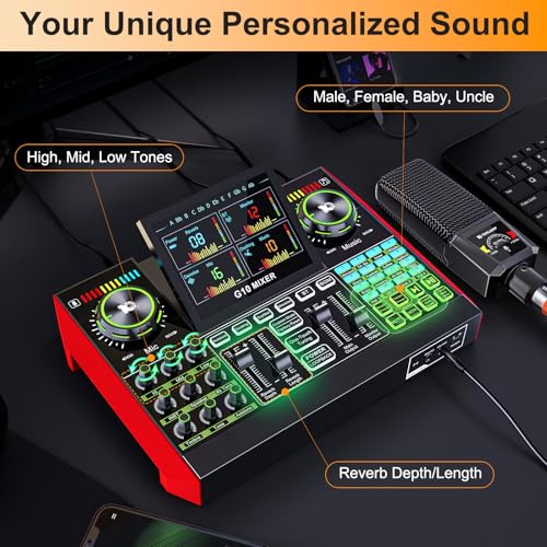 Podcast Microphone Bundle with Live Sound Card Audio Mixer, 3.5mm Condenser Microphone, Sound Board with Voice Changer H407