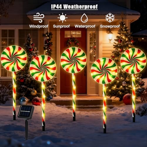 Set of 5 Waterproof LED Candy Cane Solar Pathway Lights D4974