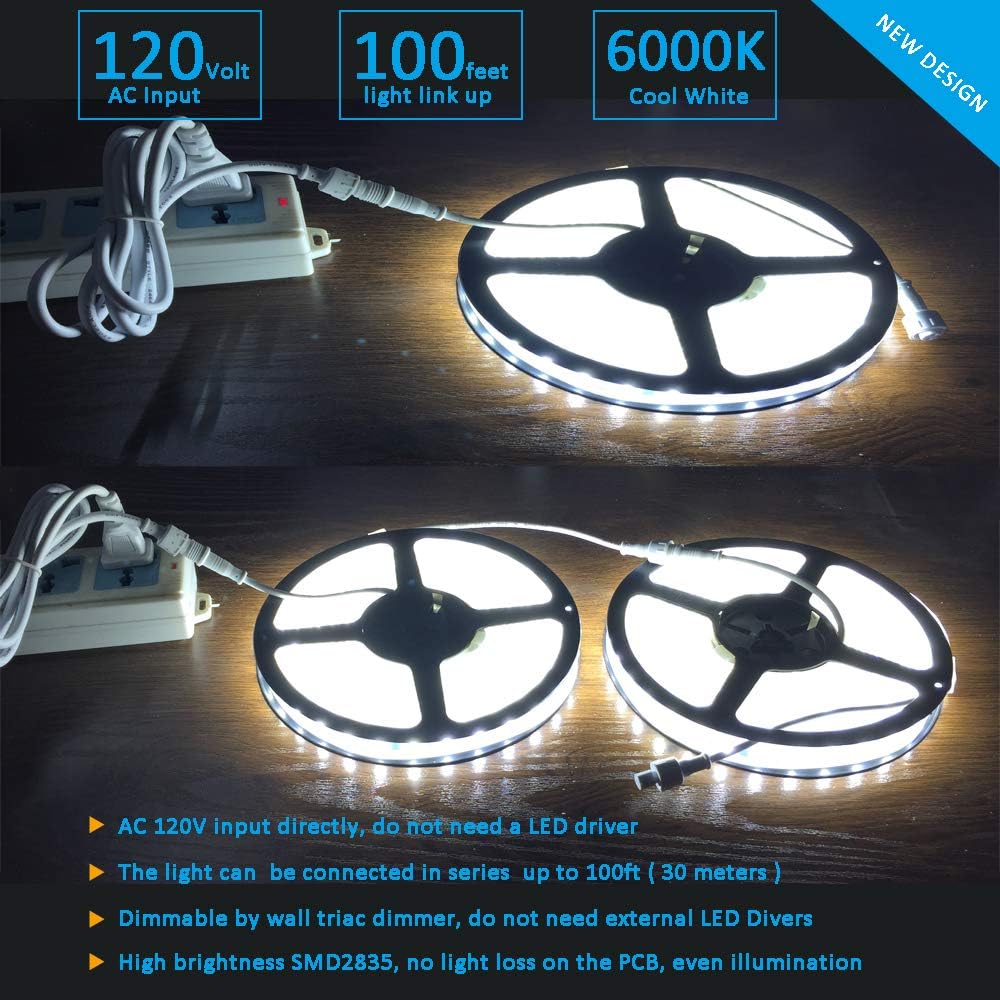 120V Dimmable LED Strip Light, Waterproof IP65, Cool White 6000K, Pack of 2 K7792