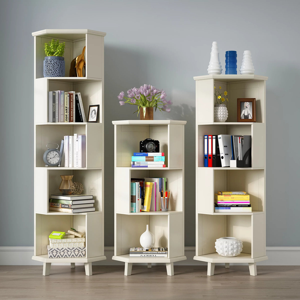 5-Layer Cube Corner Bookshelf Solid Wood Corner Bookcase White F723244