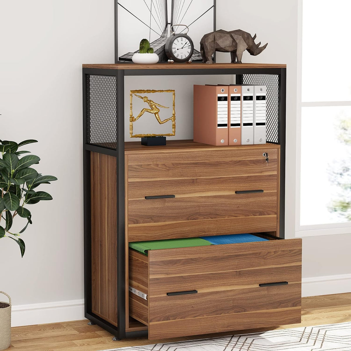 2 Drawer Lateral File Cabinet with Lock, Metal Wire Open Storage Shelves (Walnut) P63979