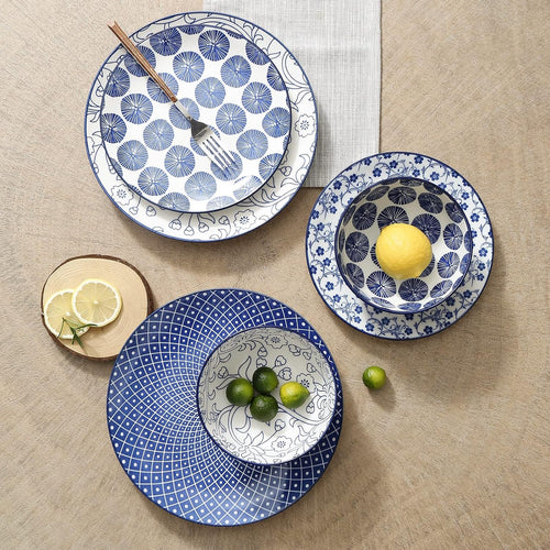 12 Piece Ceramic Dinnerware Set with 8 OZ Cappuccino Cup and Saucers, Vintage Blue B62325