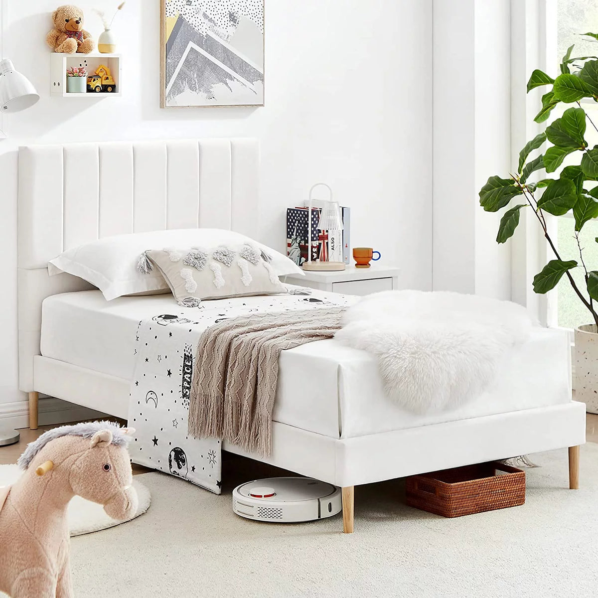 Off White Twin Size Velvet Upholstered Bed Frame with Headboard X546
