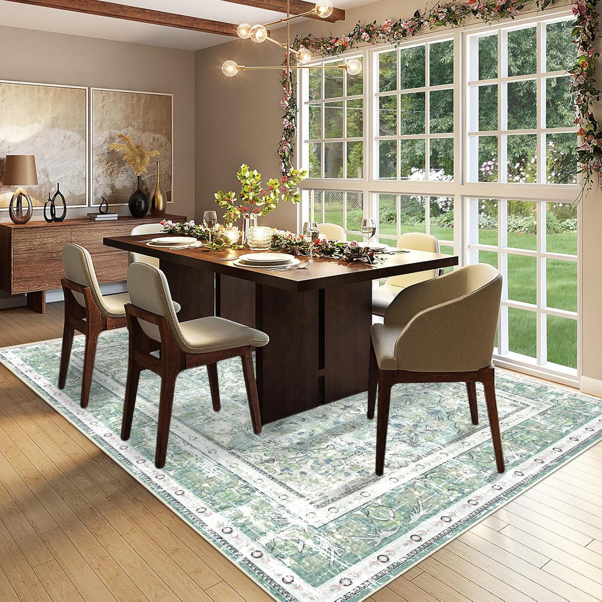 Sage Green 5×7 Washable Area Rug D37413