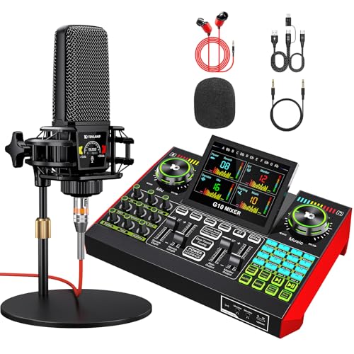 Podcast Microphone Bundle with Live Sound Card Audio Mixer, 3.5mm Condenser Microphone, Sound Board with Voice Changer H407