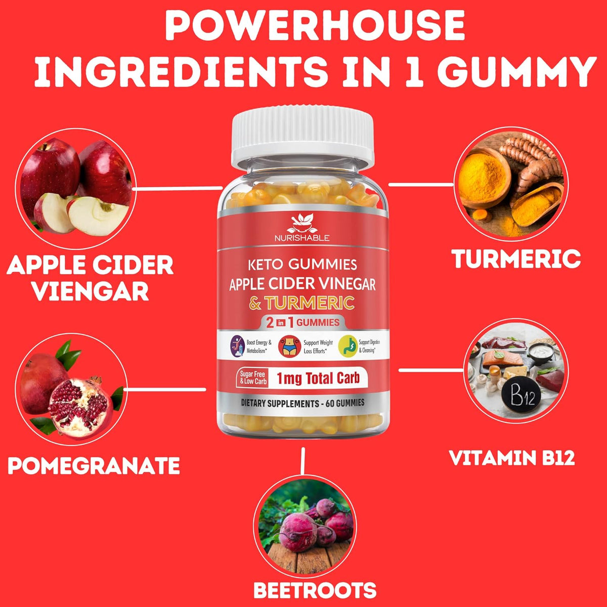 ACV Keto Gummies with Apple Cider Vinegar and Turmeric - 60 Gummies A320