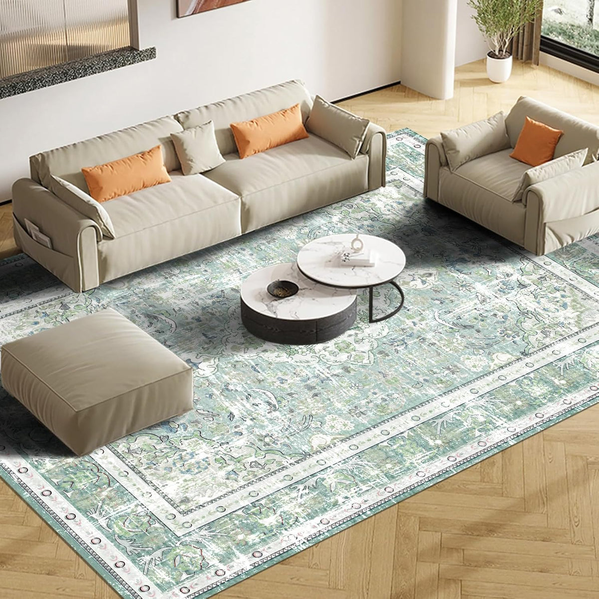 Sage Green 5×7 Washable Area Rug D37413