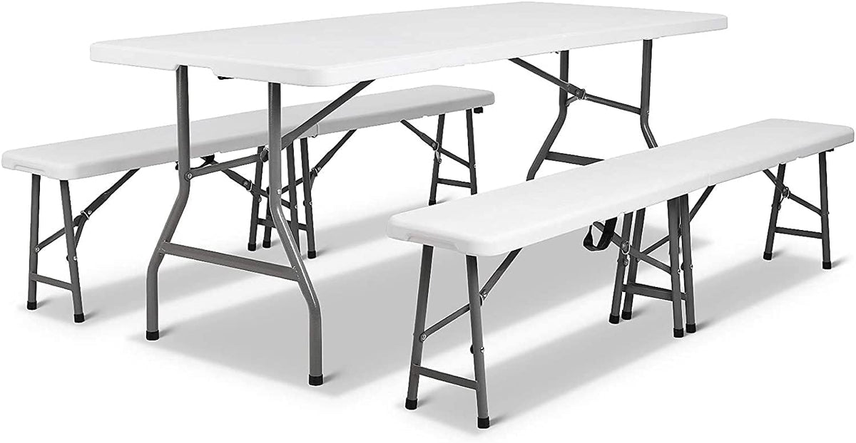 Portable Folding Table and Benches Set, 6 ft x 30 inch Rattan Look Plastic P269056
