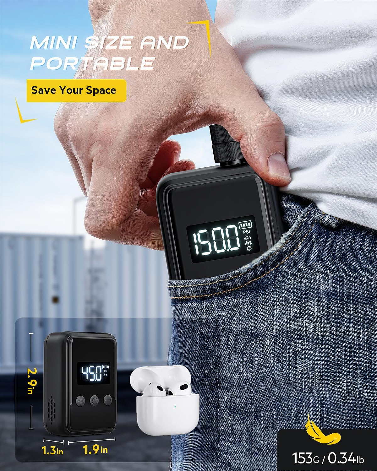 150PSI Portable Bicycle Tire Pump with Pressure Gauge LCD Display B90983